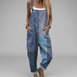Ogrodniczki boho patchwork, niebieskie