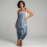 Ogrodniczki boho patchwork, niebieskie