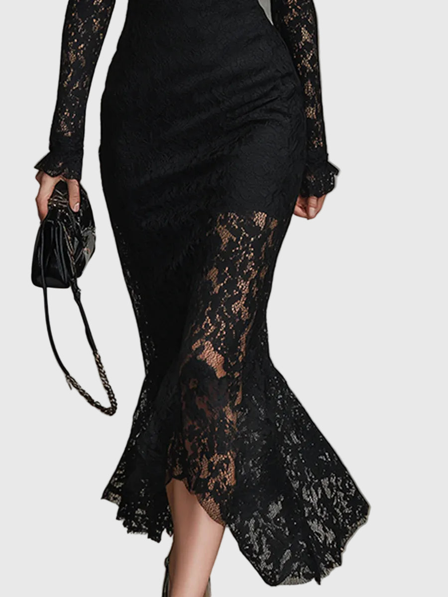 Monica | Elegancka sukienka maxi z rozkloszowaną koronkową spódnicą - widok 5